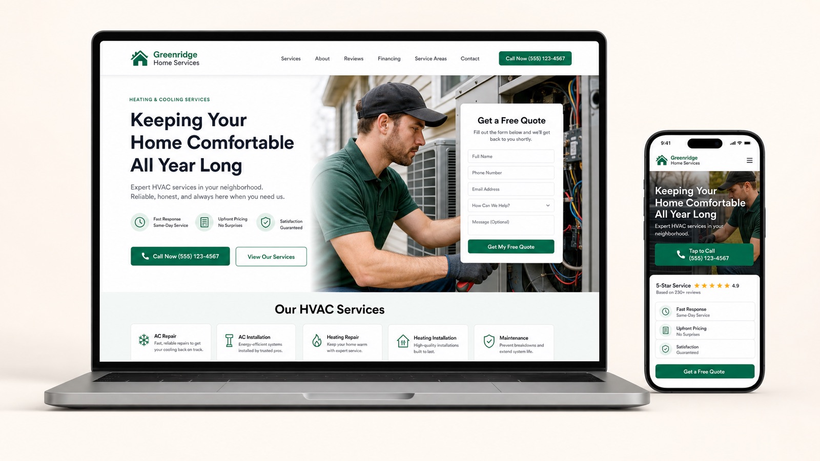 Example Newly Up design: an HVAC website on a laptop and a phone